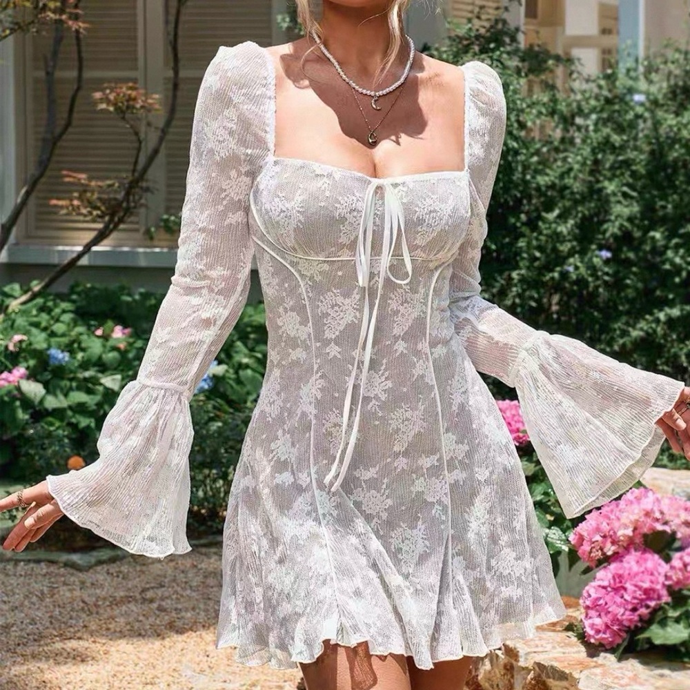 White Lace Square-Neck Mini Dress